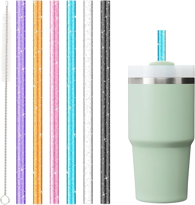 6Pack Glitter Replacement Straws for Stanley Cup 20oz 14oz Tumbler, Yoelike Reusable Straws Accessories with Clean Brush for Stanley Cup, Dishwasher Safe, BPA Free