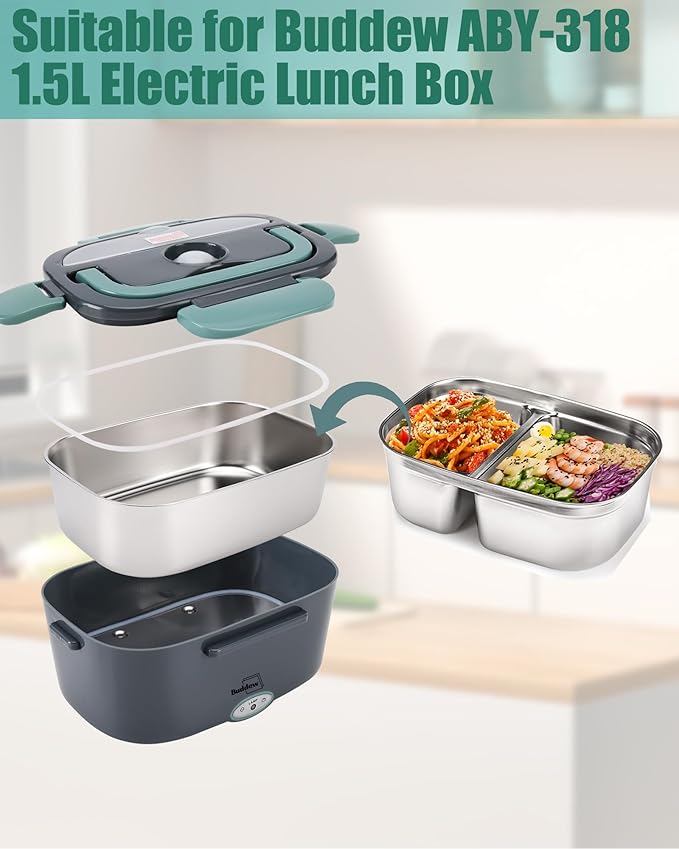 Buddew 1.5L 304 Stainless Steel Inner Container with Compartments Electric Lunch Box, Removable Replacement Tray with Sealed Silicone Cover, Easy to Clean, Eco Friendly and Dishwasher Safe