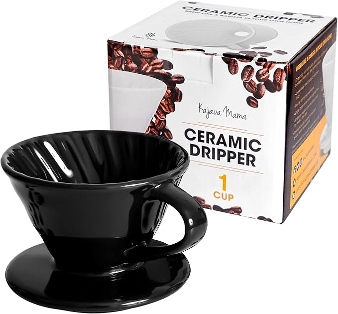 Pour Over Coffee Dripper - Ceramic Slow Brewing Accessories for Home, Cafe, Restaurants - Easy Manual Brew Maker Gift - Strong Flavor Brewer - V01 Paper Cone Filters - Black, 1 Cup