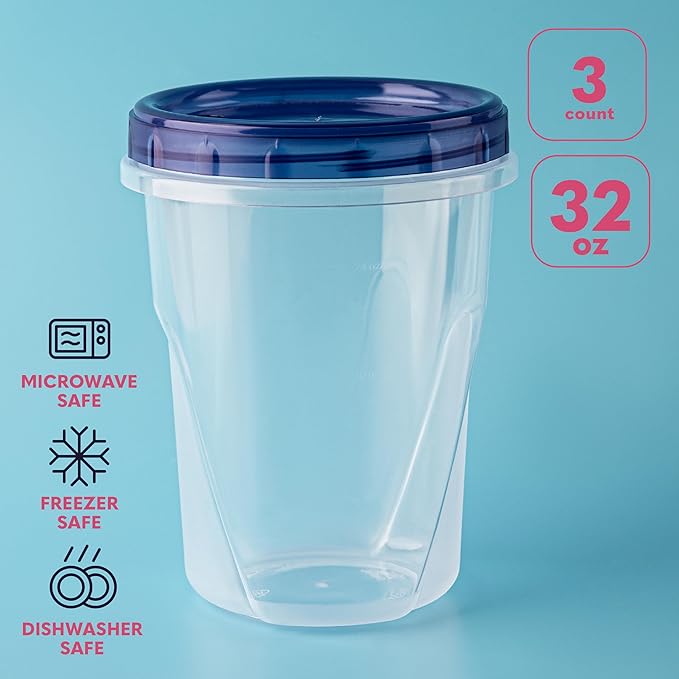 Plastic Food Deli Containers With Twist Top Lids - (32 Oz) - [3 Pack] - Soup & Food Storage Containers Takeout To Go - Airtight Plastic Containers - Microwave, Freezer & Dishwasher Safe BPA-Free