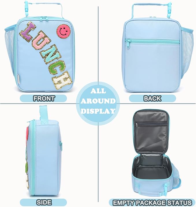 FlowFly Lunch box Insulated Soft Bag Mini Cooler Back to School Thermal Meal Tote Kit With Buckle and Mesh Side Pocket for Girls, Boys, BlueWithLetter