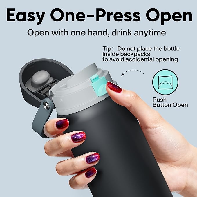 Insulated Water Bottle with Straw - Encool Stainless Steel Water Bottle with Push Button Lid, Leak-Proof & BPA-Free, Keeps Cold for 24 Hours for Sports, Travel, Gym (40 oz, Tuna Grey-Green)