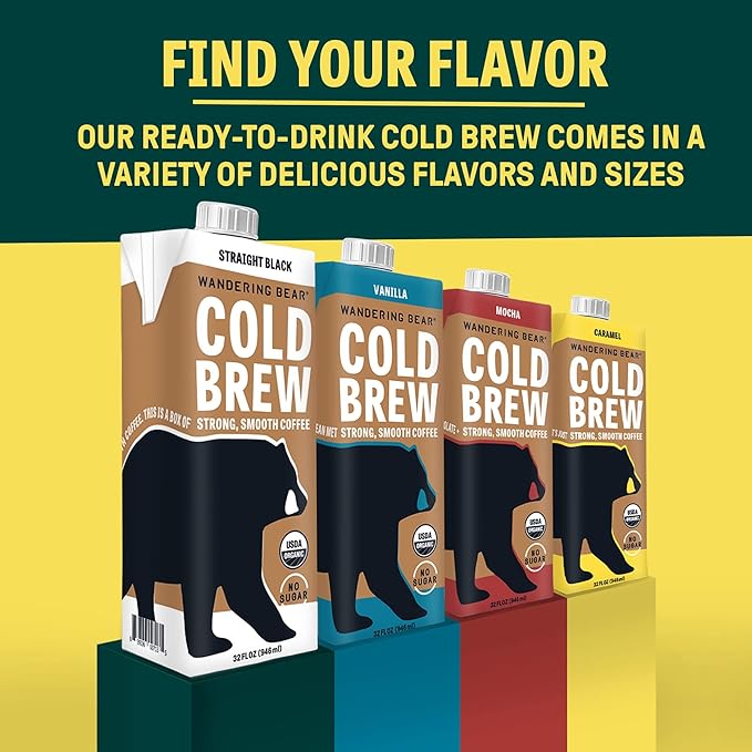 Wandering Bear Straight Black Organic Cold Brew Coffee - Extra Strong, Bold, Smooth, Unsweetened, Shelf-Stable, Ready to Drink, 100% Organic Iced Cold Brewed Coffee Drink - 32 fl oz, 3 pack
