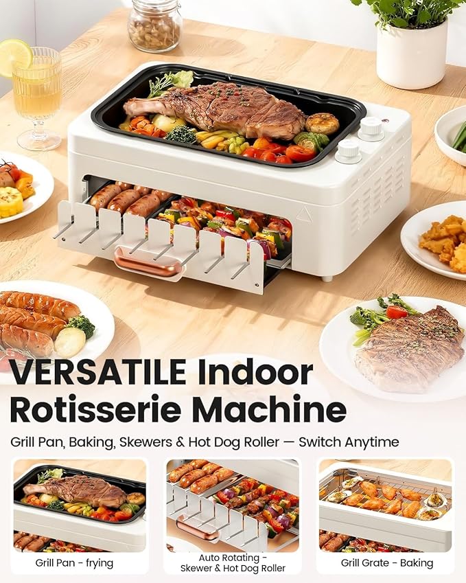 4-in-1 Electric Indoor Grill Smokeless for Home,Countertop Electric Grill with Removable Sizzle Grill Pan & Grate + Auto Rotating Kabob Skewers + Electric Hot Dog Roller Dual Zone Cooking with Lid