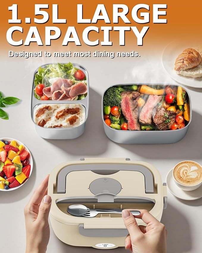 Electric Lunch Box for Men, Women & Adults - 80W Fast Heating - Heated Lunch Box with Dual 1.5L SS Containers - Portable Food Warmer for Car, Truck, Office