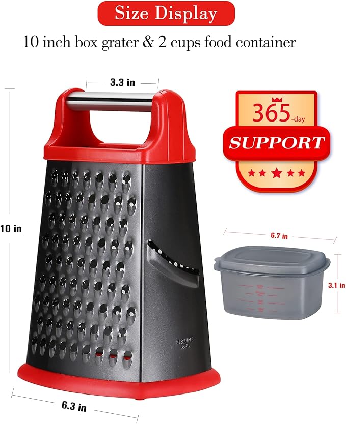 Ourokhome Cheese Grater with Handle, Stainless Steel Box Grater, 4 Side Kitchen Vegetable Shredder Slicer Zester with Container for Parmesan, Cabbage, Ginger, Lemon, Chocolate, Coconut (Red and Black)
