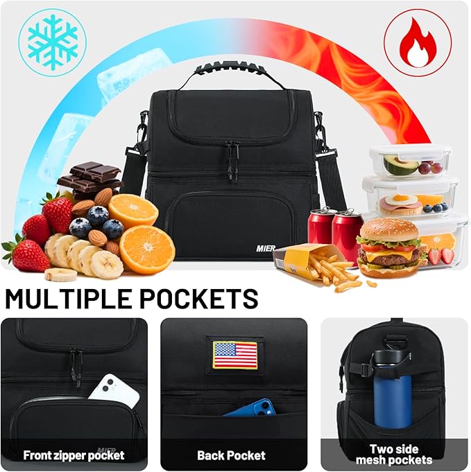 MIER Dual Compartment Lunch Bag Tote with Shoulder Strap for Men and Women Insulated Leakproof Cooler Bag, Black