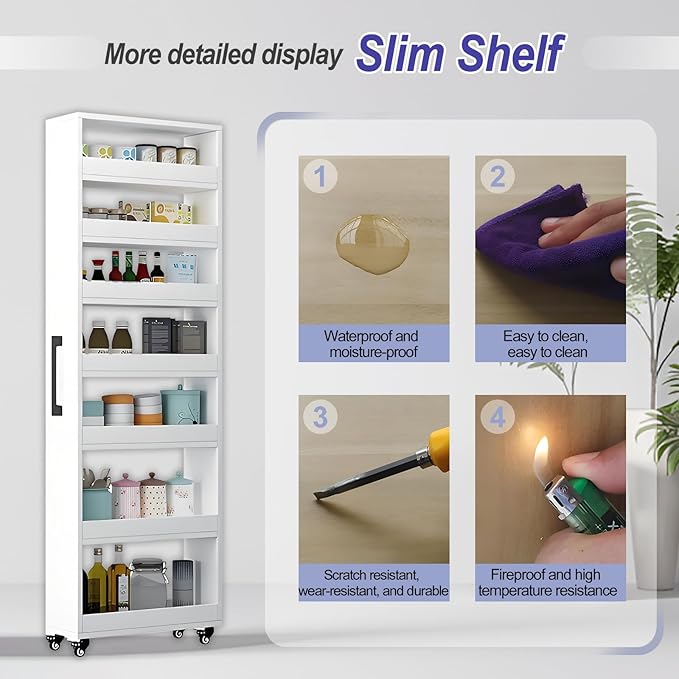 7-Tier Slim Storage Cart, Wooden Rolling Pantry Cabinet with Wheels, Narrow Shelf Organizer for Kitchen, Bakers Rack, Dining Room, Closet, Small Spaces Teak 73.2''H*9.8''W*19.6''D