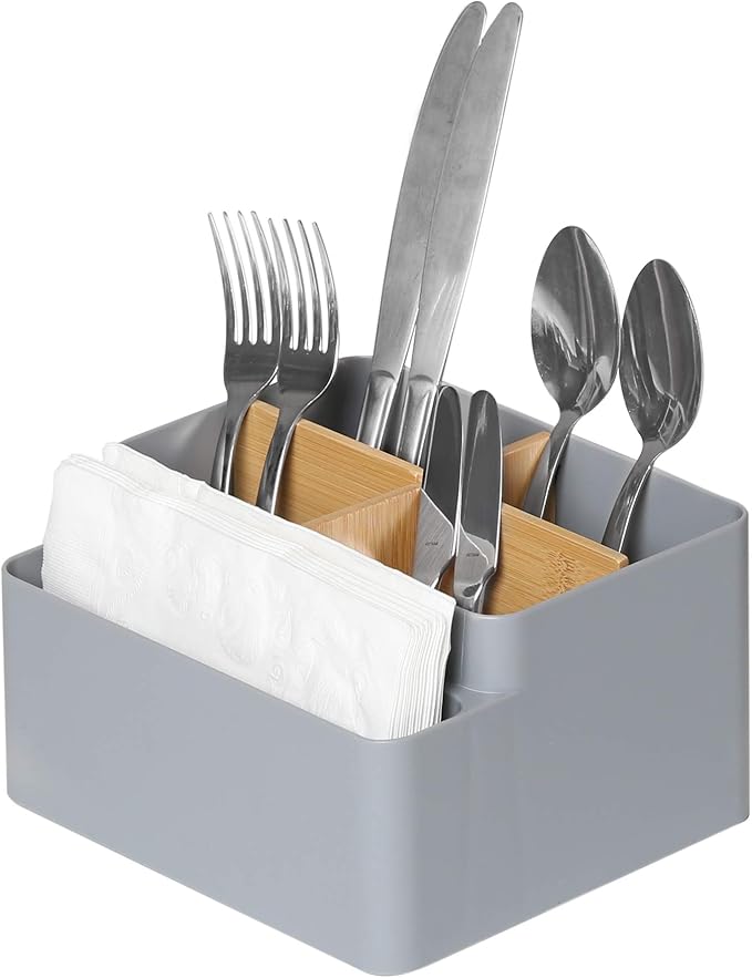 Seville Classics Bamboo Premium Organizer Storage Bins for Kitchen Silverware, Pantry, Closet, Office Desk, Pens, Utensils, Makeup, K Cup, Bamboo/Gray, Desk Caddy