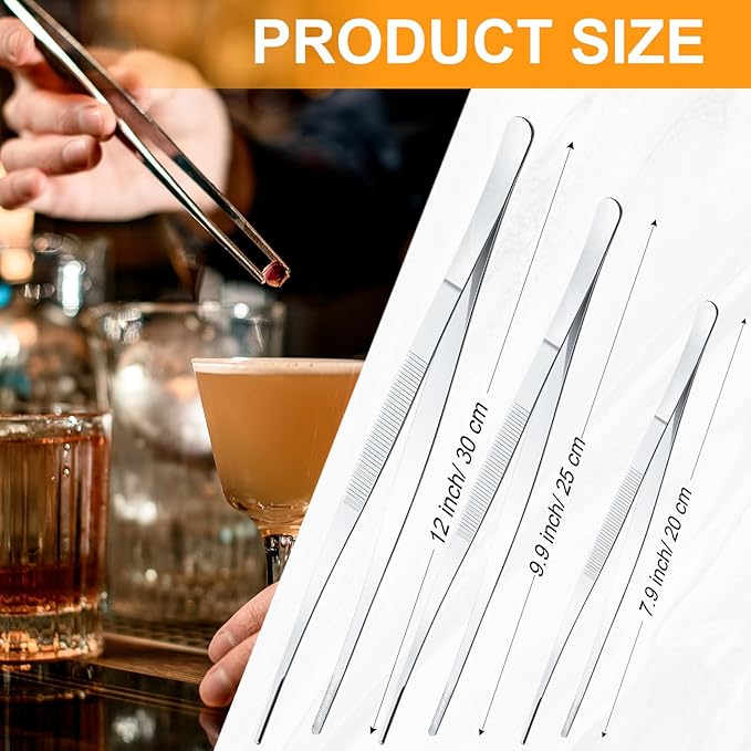 Yaomiao 4 Packs 12 Inch Bar Tweezers Silver Cocktail Tongs Long Garnish Tweezers Stainless Steel Bartender Kitchen Cooking Tongs for Cocktail Food Fruit Korean BBQ Bartender Chef, Multi-use