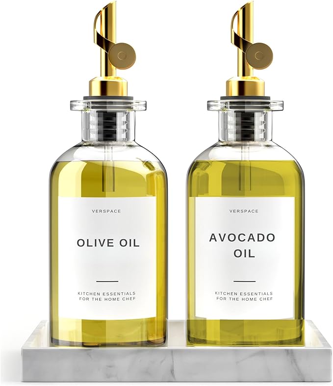 Clear Glass Olive Oil Dispenser Bottles For Kitchen With Silicone Tray & 40 Labels, Soy Sauce Dispenser, Coffee Syrup Dispenser, Olive Oil Bottles Set Of 2, Gold 500ml / 17oz