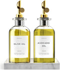 Clear Glass Olive Oil Dispenser Bottles For Kitchen With Silicone Tray & 40 Labels, Soy Sauce Dispenser, Coffee Syrup Dispenser, Olive Oil Bottles Set Of 2, Gold 500ml / 17oz