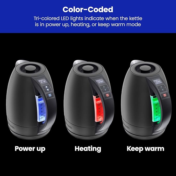 Chefman Electric Tea Kettle, 1.8 Liter Hot Water Electric Kettle Temperature Control Water Boiler with 5 Presets, Tri-Colored LED Lights, Keep Warm, Automatic Shutoff, Black