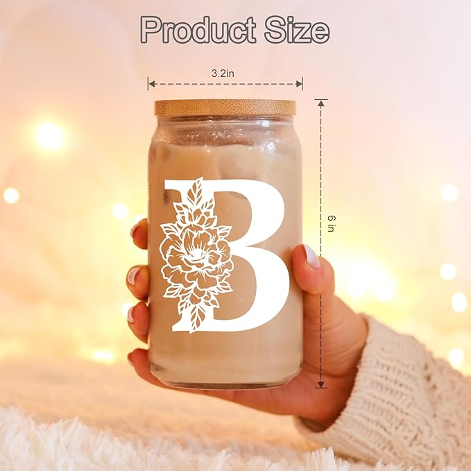 Coolife Initial Glass Cup, Monogrammed Gifts for Women, 16 oz Glass Cups w/Lids Straws, Iced Coffee Smoothie Beer Tumbler w/Straw Lid - Personalized Christmas, Birthday Gifts for Her Mom Friend Woman