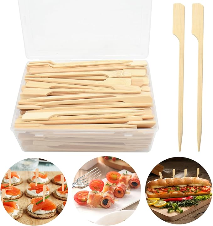 200 Pcs Bamboo Skewers for Appetizers, 4.7 Inch Toothpicks with Storage Box, Cocktail Picks for Drinks, Fruit Kababs, Sausage, Barbecue Snacks, Fondue, Natural Wooden Paddle Skewer Mini Food