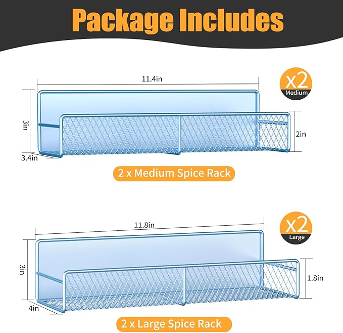 Magnetic Spice Rack for Refrigerator, 4 Pack 100% Metal Strong Magnet Fridge Shelves, Space Saving Spice Organizer, No Drilling Moveable Home Kitchen Laundry Room Storage Organization, Blue