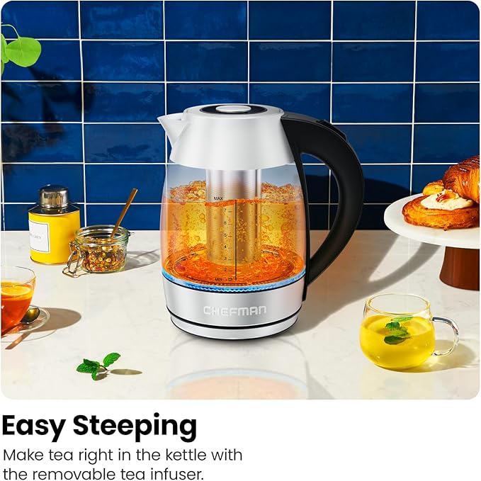Chefman Electric Kettle for Boiling Water, 1.8L 1500W, Removable Tea Infuser, Auto Shut Off, Boil-Dry Protection, BPA Free, Borosilicate Glass, Hot Water Boiler, Electric Tea Kettle - Stainless Steel