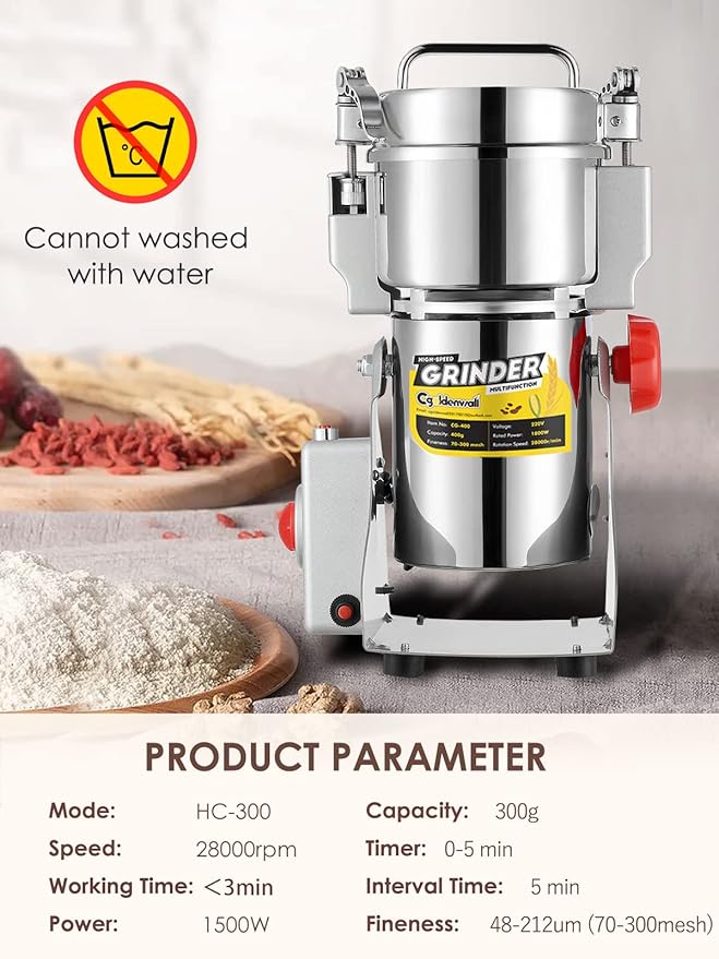 CGOLDENWALL 300g Electric Grain Grinder Mill Safety Upgraded 1500W High-speed Spice Herb Grinder Commercial Superfine Grinding Machine Dry Cereals Pulverizer CE 110V (300g Swing Type)