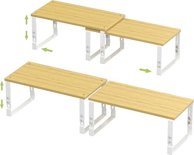 Adjustable Storage Shelves for Kitchen Cabinet Organization - Set of 2 Stackable Metal & Solid Wood Racks, Space-Saving Design for Countertop/Pantry/Garage, Easy Assembly(2 Packs/Large/White)