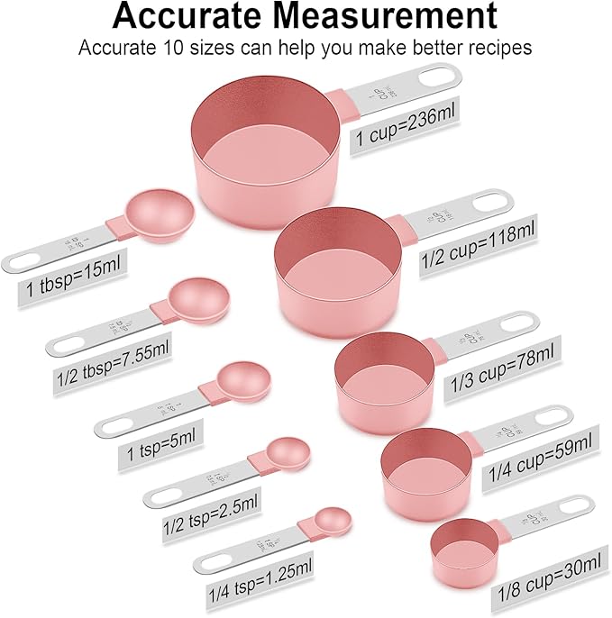 Measuring Cups and Spoons Set, 10 Pieces Nesting Measure Tools, Kitchen Essentials Gadgets with Stainless Steel Handle for Dry & Liquid Ingredient, Pink