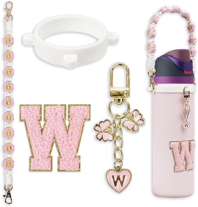 Cute Letter Charm Set Compatible with Owala Water Bottle 24 oz, 32 oz, 40 oz, Owala Kids, Owala Coffee Tumbler, Owala FreeSip – Includes Handle Strap, for Owala Accessories & Stanley Cup Accessories