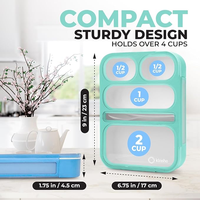 Bento Lunch-Box for Adults Kids Lunches, Portion Control Container Boxes for Women Girls Boys | Leak-proof Snack Containers, BPA-Free Utensils5 Compartments | Blue & Green 2 pack Set