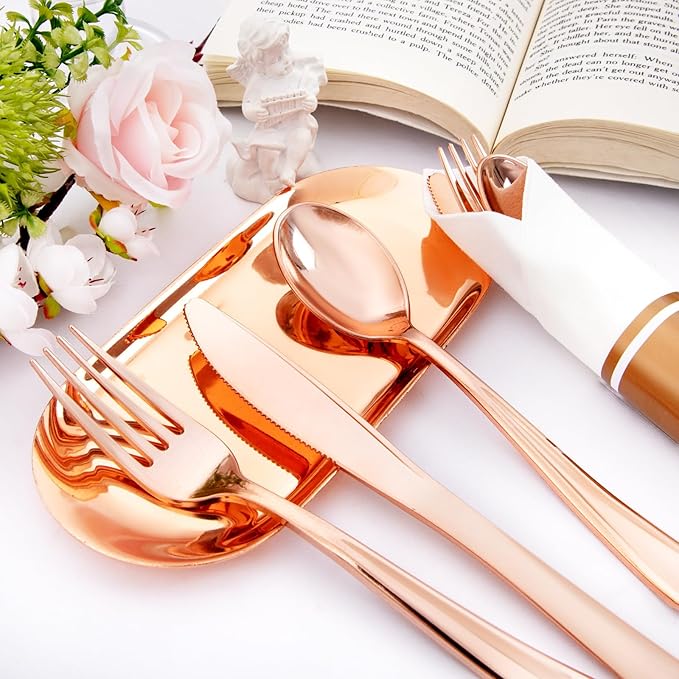Liacere 100Pack Rose Gold Plastic Silverware - Pre Rolled Napkins with Rose Gold Cutlery - Wrapped Silverware Set Disposable100 Forks Knives Spoons Wrapped Utensils for Wedding&Christmas