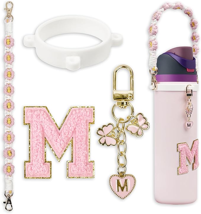 Cute Letter Charm Set Compatible with Owala Water Bottle 24 oz, 32 oz, 40 oz, Owala Kids, Owala Coffee Tumbler, Owala FreeSip – Includes Handle Strap, for Owala Accessories & Stanley Cup Accessories