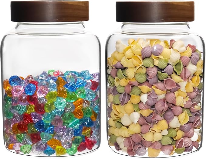 Glass Coffee Jars Spice Jar Round Storage Canister with Wooden Lid Clear Glass Food Jar for Pantry Sugar Tea Coffee Bean Spice Nuts Cookies Bath Salts (1800ml/60oz-2PACK（with spoon)