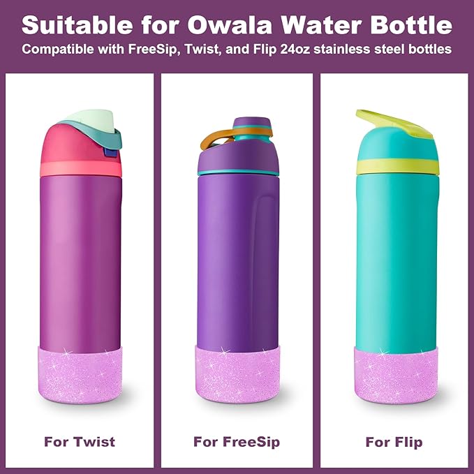 2PCS Silicone Water Bottle Boot for Owala 24oz, Protective Bottom Bumper Anti-Slip Sleeve for FreeSip, Twist, and Flip Stainless Steel Bottles, Dishwasher Safe and BPA Free(Shiny Purple Pink)