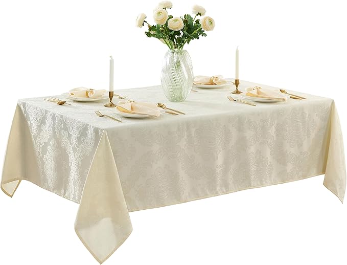 Newbridge Barcelona Luxury Damask Fabric Tablecloth, 70” Extra Wide x 126” Rectangle, Antique White, 100% Polyester, No Iron, Soil Resistant Dining Room, Party and Banquet Table Cover