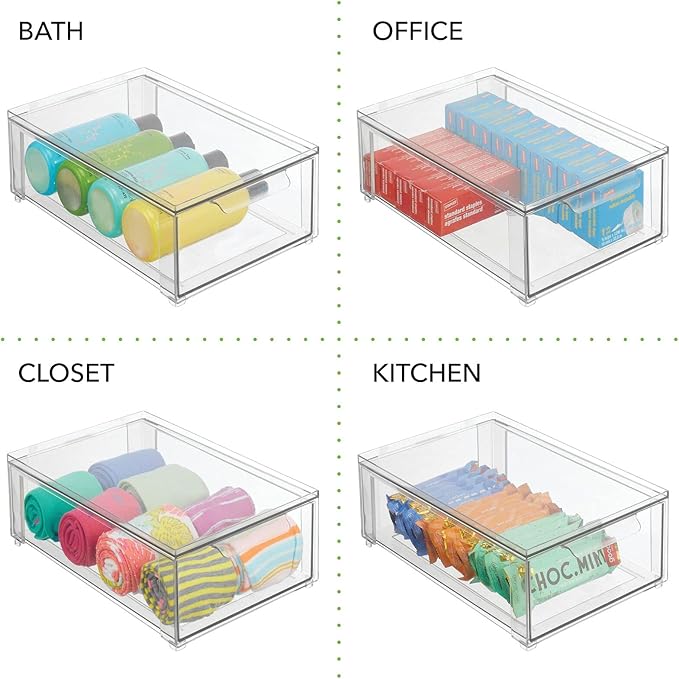 mDesign Plastic Pantry Organization and Storage Bin w/Pull Out Drawer - Shallow Stackable Kitchen Supplies Storage Container for Organizing Cabinet, Fridge, Freezer - Lumiere Collection - Clear