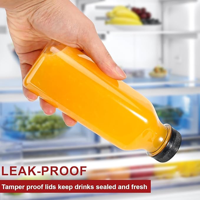 YULEER Plastic Juice Bottles with Caps 12PCS 12OZ Reusable Juice Bottles with Leakproof Lids, Brush, Funnel & Labels Clear Juice Containers for Juicing, Smoothies and Homemade Beverages