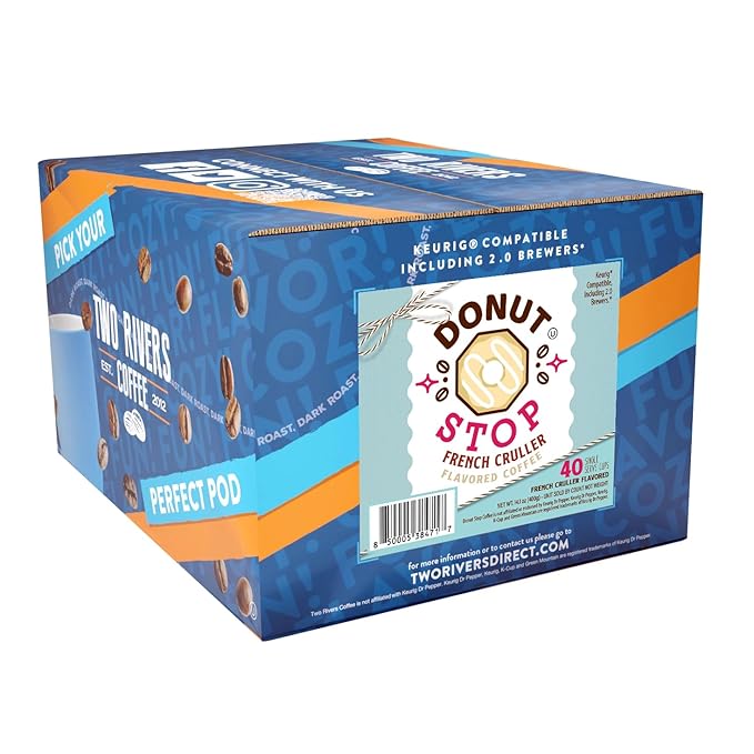 Donut Stop Flavored Coffee Pods, Compatible with 2.0 K-Cup Brewers, French Cruller Donut Flavor, 40 Count