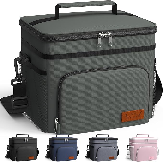 HOTOR Insulated Lunch Box for Men & Women - Leak-Proof Cooler Lunch Bag with 4 Pockets, Adjustable Strap, Ideal for Work, Picnic, Travel - Medium, Dark Grey, 10.2"×6.9"×8.5"