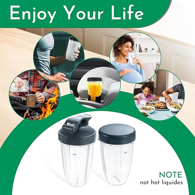 Blender Cups Replacement for Nutribullet 24oz Cups with Flip Top Lid and Flat Lid Compatible with Nutri Bullet 600W/900W Blenders (2 Pack)