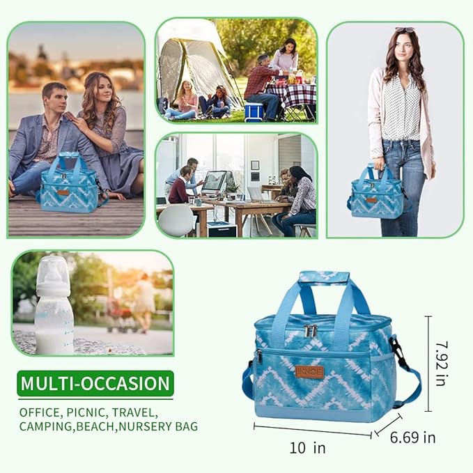 iknoe Insulated Lunch Bag, Foldable 8.5L Cooler Bag for Men & Women, Leakproof Thermal Design, Great for Office, Picnic, Travel, Lunch Box,Blue White