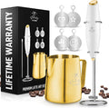 Zulay Premium Gift Milk Frother Set – Handheld Coffee Frother with Stand, 12oz/350ml Frothing Pitcher + 4 Latte Art Stencils – 13,000 RPM Motor, SS Whisk, Battery Operated – Barista Kit (White Gold)