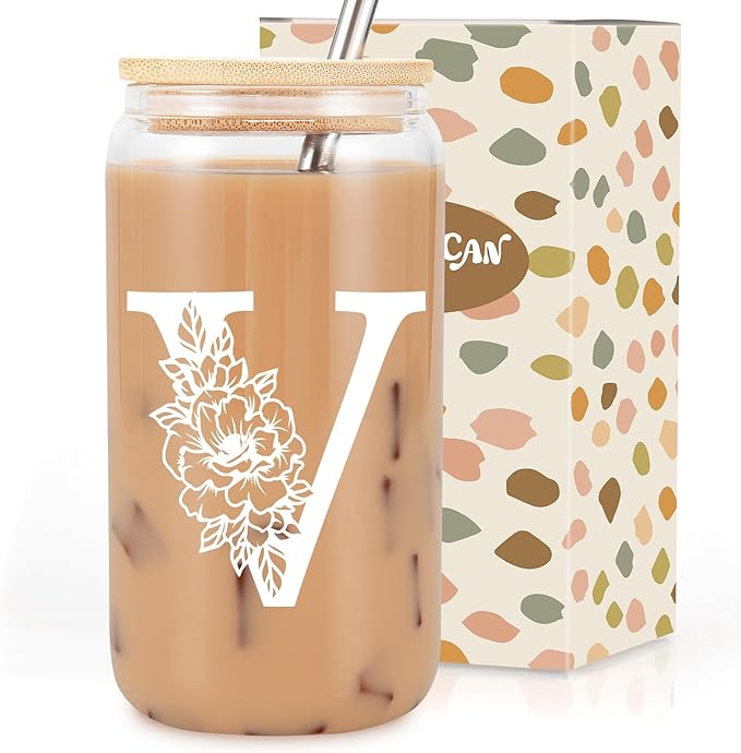 Coolife Initial Glass Cup, Monogrammed Gifts for Women, 16 oz Glass Cups w/Lids Straws, Iced Coffee Smoothie Beer Tumbler w/Straw Lid - Personalized Christmas, Birthday Gifts for Her Mom Friend Woman