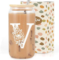 Coolife Initial Glass Cup, Monogrammed Gifts for Women, 16 oz Glass Cups w/Lids Straws, Iced Coffee Smoothie Beer Tumbler w/Straw Lid - Personalized Christmas, Birthday Gifts for Her Mom Friend Woman