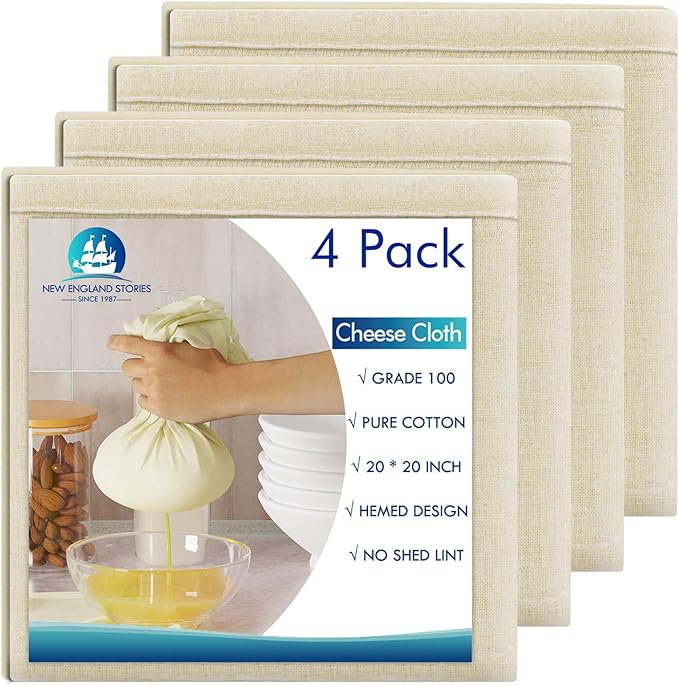 4 PCS Reusable Cheesecloth, Grade 100, 20x20 Inch Hemmed Cheese Cloth for Straining Craft, 100% Cotton Unbleached Cloth Strainer for Cooking, Baking, Juicing, Cheese Making