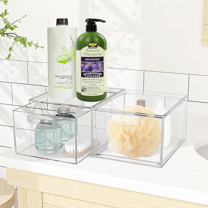 3 Pack Stackable Makeup Organizer and Storage, Acrylic Organizers，Clear Plastic Storage Drawer with Handles for Vanity, Undersink, Kitchen Cabinets, Pantry