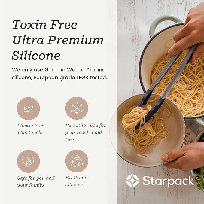 StarPack Premium Silicone Kitchen Tongs 9-Inch - Stainless Steel with Non-Stick Silicone Tips, High Heat Resistant to 600°F, For Cooking, Serving, Grill, BBQ & Salad (Gray Black)