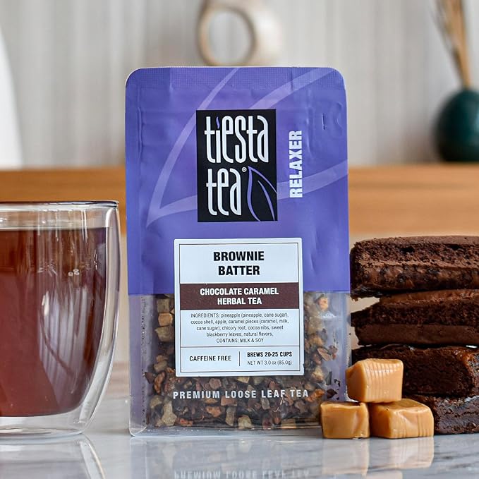 Tiesta Tea Brownie Batter, Premium Loose Leaf, Chocolate Caramel Herbal Tea Blends, Non-Caffeinated Herbal Drink, Real Fruit, Herbs, Spices, Hot or Iced Brew Up to 20-25 Cups, 3oz Resealable Pouch