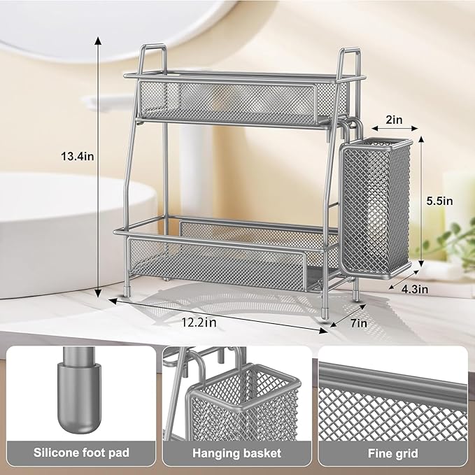 LEMIKKLE Spice Rack Organizer for Kitchen Counter, Spices Organizer and Storage Seasoning Organizer for Cabinet, Kitchen Metal Countertop Organizer with Side Basket (Grey)