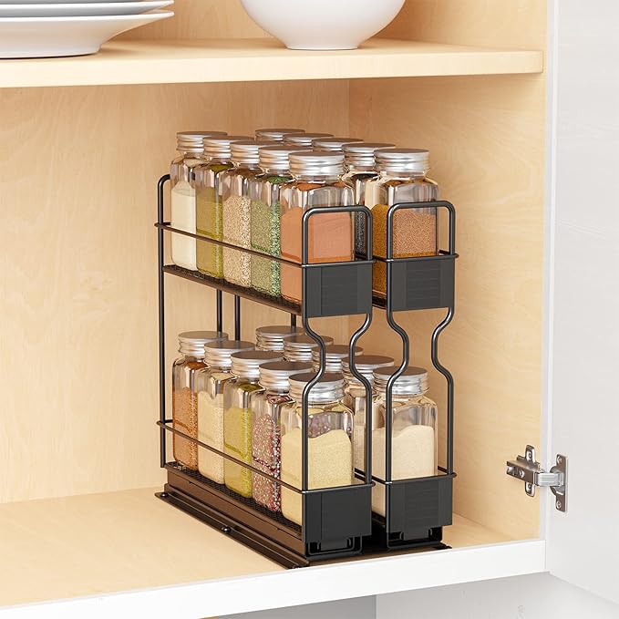 SpaceAid Pull Out Spice Rack Organizer with 20 Jars for Cabinet, Slide Out Seasoning Kitchen Organizer, Cabinet Organizer, with Labels, 5.2" W x10.75 D x10 H, 2 Drawers 2-Tier