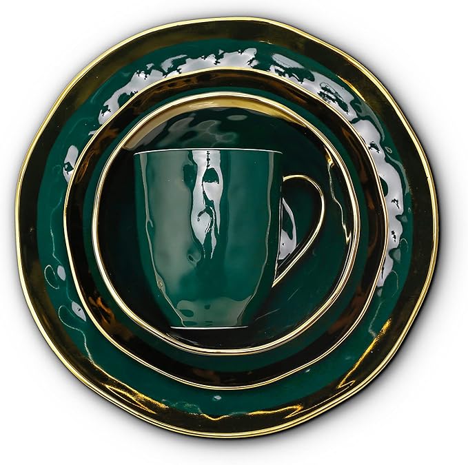 Stone Lain Florian Modern Porcelain 16 Piece Dinnerware Set, Plates and Bowls Set, Dish set for 4, Green and Golden Rim