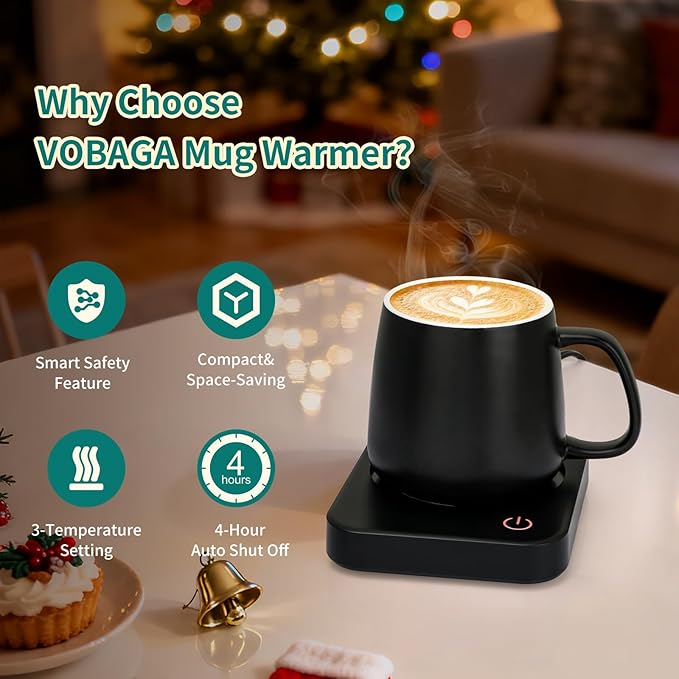 VOBAGA Coffee Mug Warmer for Desk with Auto Shut Off & 3-Temp Settings, Coffee Cup Warmer with Smart Safety Alert Home Office Accessory, Perfect for Coffee, Tea, Milk