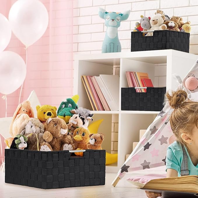 Sorbus Storage Box Woven Basket Bin Container Tote Cube Organizer Set Stackable Storage Basket Woven Strap Shelf Organizer Built-In Carry Handles (Black)