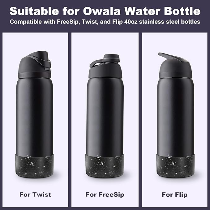 2PCS Silicone Water Bottle Boot for Owala 40oz, Protective Bottom Bumper Anti-Slip Sleeve for FreeSip, Twist, and Flip Stainless Steel Bottles, Dishwasher Safe and BPA Free(Shiny Black)